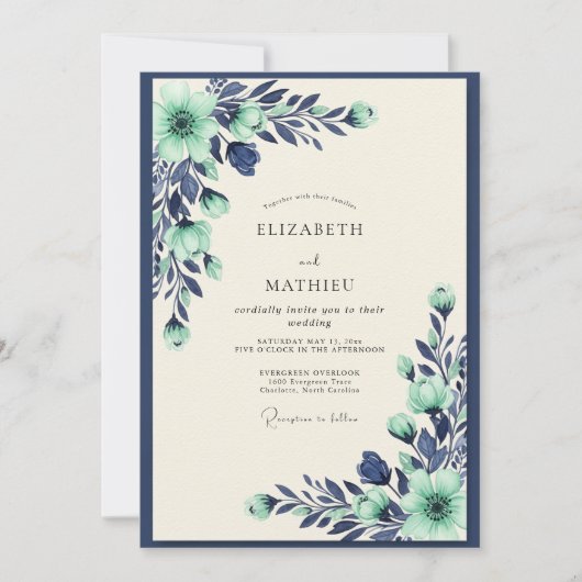 Mint Navy Tranquil Botanical Wedding Kaart (Voorkant)