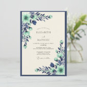 Mint Navy Tranquil Botanical Wedding Kaart (Staand voorkant)