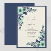 Mint Navy Tranquil Botanical Wedding Kaart (Voorkant / Achterkant)