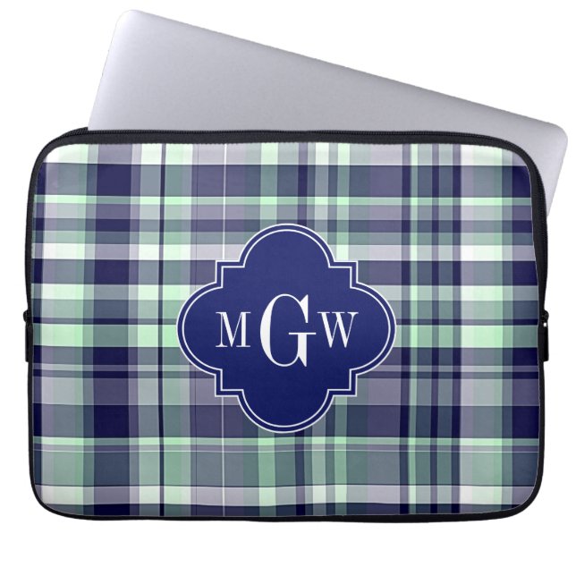 Mint Navy White Preppy Madras Quatrefoil Monogram Laptop Sleeve (Voorkant)