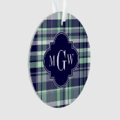 Mint Navy White Preppy Madras Quatrefoil Monogram Ornament (voorkant)