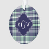 Mint Navy White Preppy Madras Quatrefoil Monogram Ornament (voorkant)