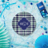 Mint Navy White Preppy Madras Quatrefoil Monogram Papieren Bordje (Feest)