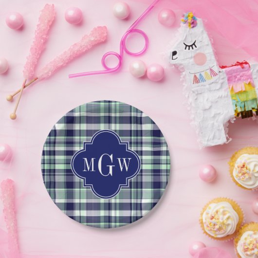 Mint Navy White Preppy Madras Quatrefoil Monogram Papieren Bordje (Feest)