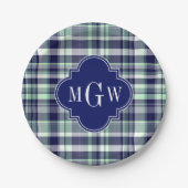 Mint Navy White Preppy Madras Quatrefoil Monogram Papieren Bordje (Voorkant)