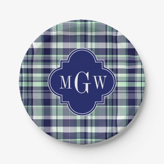 Mint Navy White Preppy Madras Quatrefoil Monogram Papieren Bordje (Voorkant)