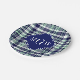 Mint Navy White Preppy Madras Quatrefoil Monogram Papieren Bordje