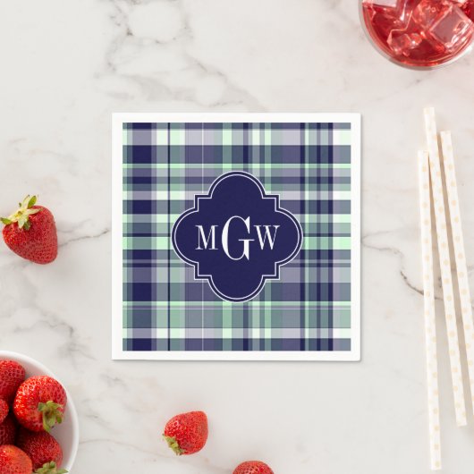 Mint Navy White Preppy Madras Quatrefoil Monogram Servetten (Insitu)