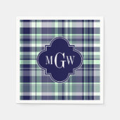 Mint Navy White Preppy Madras Quatrefoil Monogram Servetten (Voorkant)