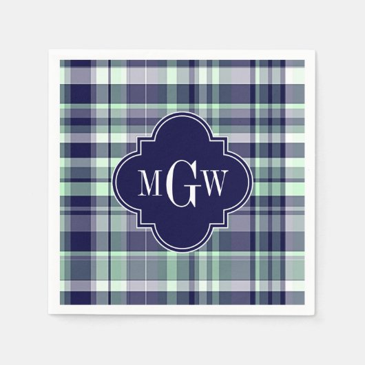 Mint Navy White Preppy Madras Quatrefoil Monogram Servetten (Voorkant)