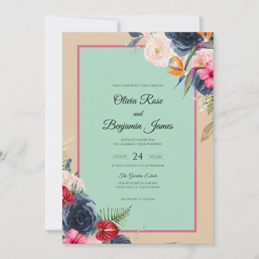 Mint Navy Wildflower Bruiloft Kaart (Voorkant)