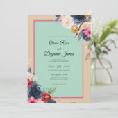 Mint Navy Wildflower Bruiloft Kaart (Staand voorkant)