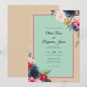 Mint Navy Wildflower Bruiloft Kaart (Voorkant / Achterkant)