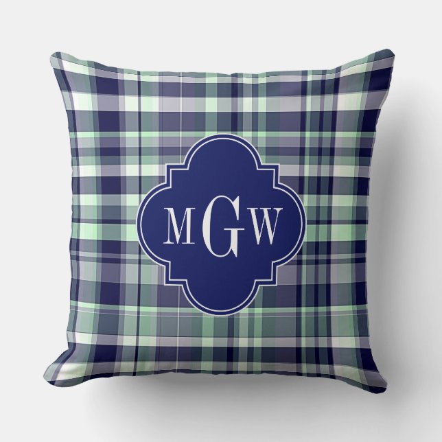 Mint Navy Wit Preppy Madras Vierbladig Monogram Kussen (Voorkant)
