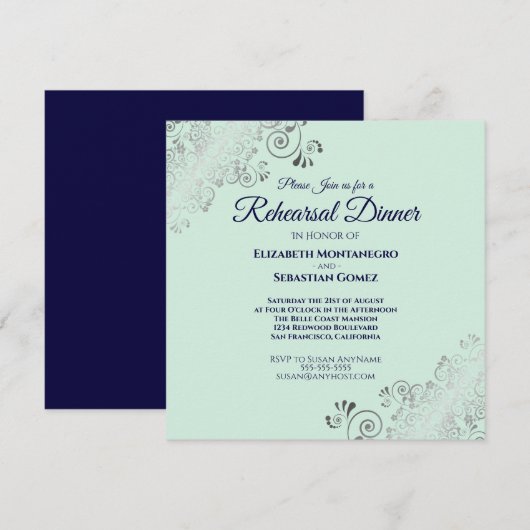 Mint Navy & Zilver Bruiloft Proefmaal Diner Vierka Kaart (Voorkant / Achterkant)
