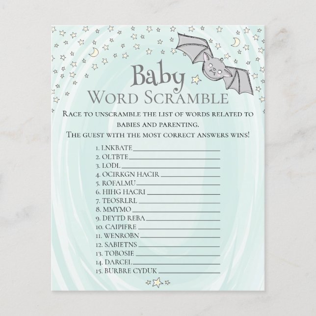 Mint Neutral Baby Word Scramble Baby shower spel (Voorkant)