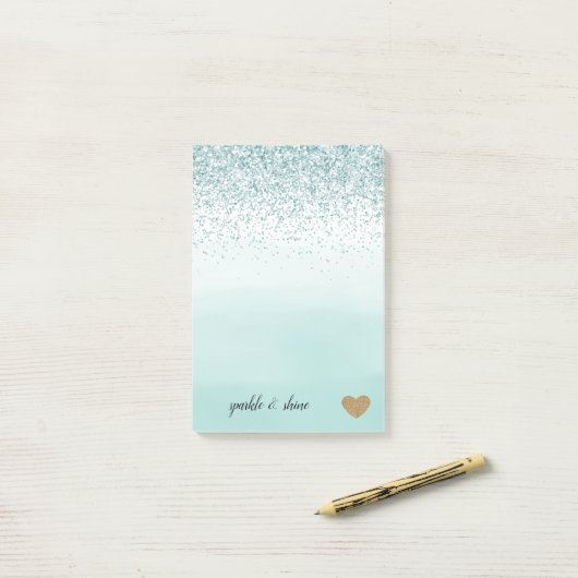 Mint Ombre Glitter Gold Heart Post-it® Notes (Op bureau)