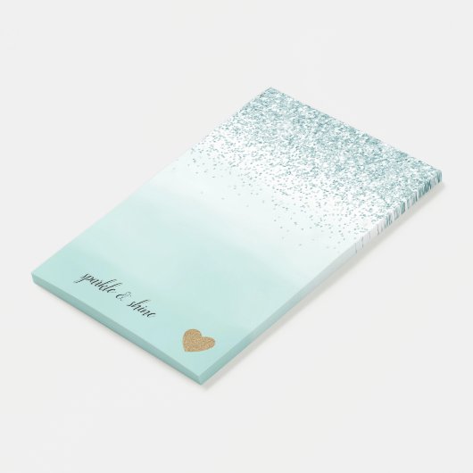 Mint Ombre Glitter Gold Heart Post-it® Notes (Schuin)