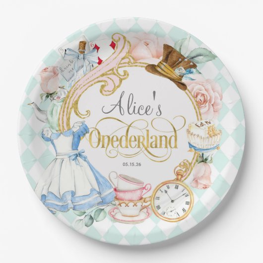 Mint, Onederland, Meisje 1e verjaardag theefeest Papieren Bordje (Voorkant)