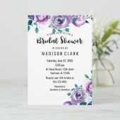 Mint & Paarse Bloemen Roos Bruidsdouche Uitnodigin Kaart (Staand voorkant)