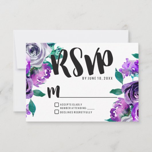 Mint & Paarse Bloemen Roos Bruiloft RSVP Reactie Kaartje (Voorkant)