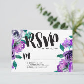 Mint & Paarse Bloemen Roos Bruiloft RSVP Reactie Kaartje (Staand voorkant)