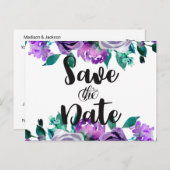 Mint & Paarse Bloemen Roos Bruiloft Save the Date Aankondigingskaart (Voorkant / Achterkant)