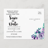 Mint & Paarse Bloemen Roos Bruiloft Save the Date Aankondigingskaart (Achterkant)