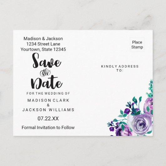 Mint & Paarse Bloemen Roos Bruiloft Save the Date Aankondigingskaart (Achterkant)