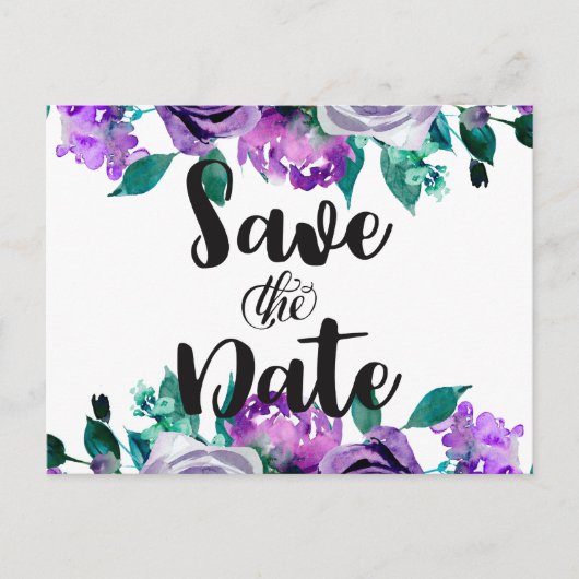 Mint & Paarse Bloemen Roos Bruiloft Save the Date Aankondigingskaart (Voorkant)