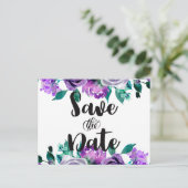 Mint & Paarse Bloemen Roos Bruiloft Save the Date Aankondigingskaart (Staand voorkant)