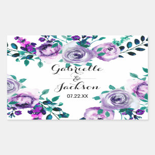 Mint & Paarse Bloemen Waterverf Bruiloft Monogram Rechthoekige Sticker