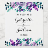 Mint & Paarse Bloemen Waterverf Bruiloft Monogram Wijn Etiket (Enkel label)
