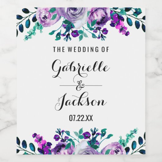 Mint & Paarse Bloemen Waterverf Bruiloft Monogram Wijn Etiket (Enkel label)