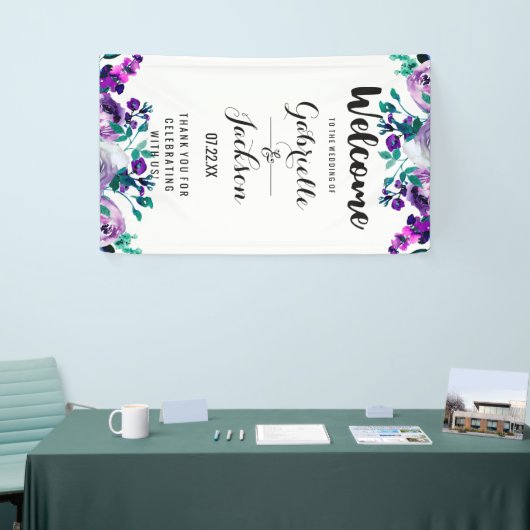 Mint & Paarse Bloemen Waterverf Bruiloft Welkom Spandoek (Beurs)