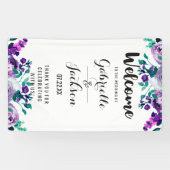 Mint & Paarse Bloemen Waterverf Bruiloft Welkom Spandoek (Horizontaal)