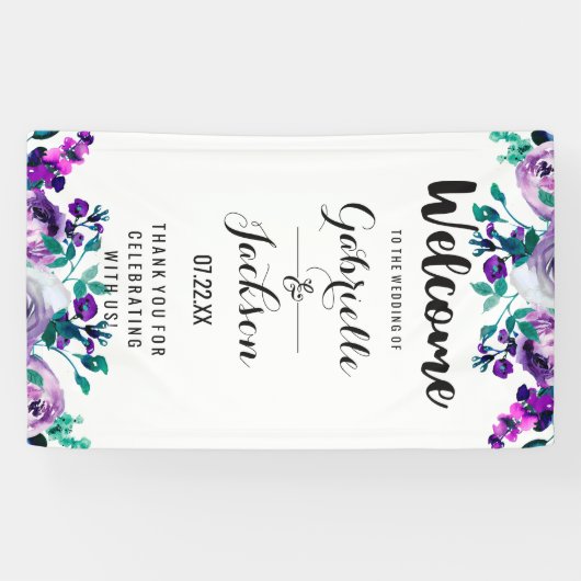 Mint & Paarse Bloemen Waterverf Bruiloft Welkom Spandoek (Horizontaal)