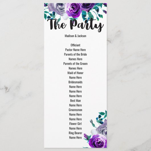 Mint & Paarse Bloemen Waterverf Trouwprogramma Programmakaart (Achterkant)