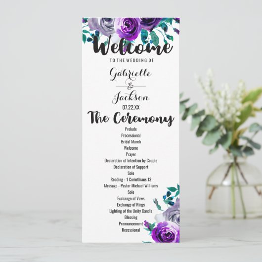 Mint & Paarse Bloemen Waterverf Trouwprogramma Programmakaart (Staand voorkant)