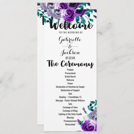 Mint & Paarse Bloemen Waterverf Trouwprogramma Programmakaart (Voorkant / Achterkant)