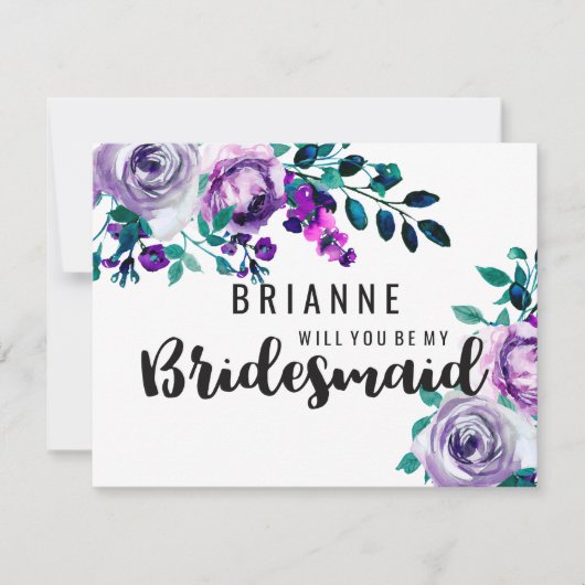 Mint & Paarse Bloemen word je mijn bruidsmeisje Kaart (Voorkant)