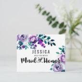 Mint & Paarse Bloemen word je mijn bruidsmeisje Kaart (Staand voorkant)