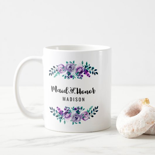 Mint & Paarse Bloemenkrans Bruiloft Maid of Honor Koffiemok (Met donut)