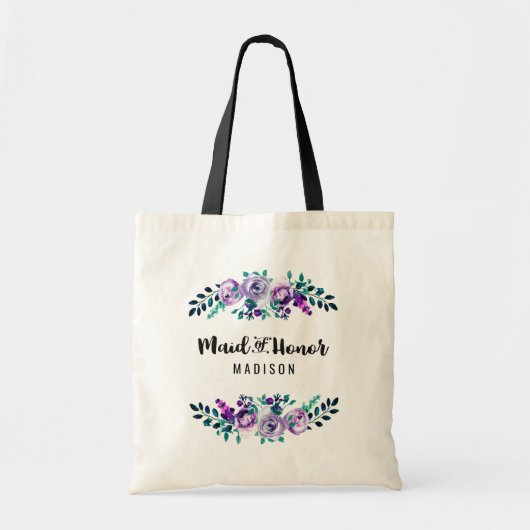 Mint & Paarse Bloemenkrans Bruiloft Maid of Honor Tote Bag (Voorkant)
