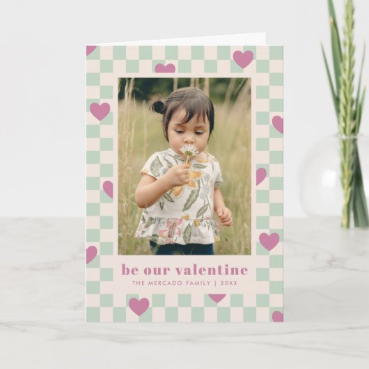 Mint Paarse Checkerboard Hearts Valentijn Kaart (Voorkant)