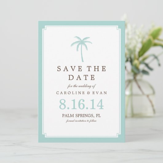Mint Palm Tree Wedding Save the Date (Staand voorkant)