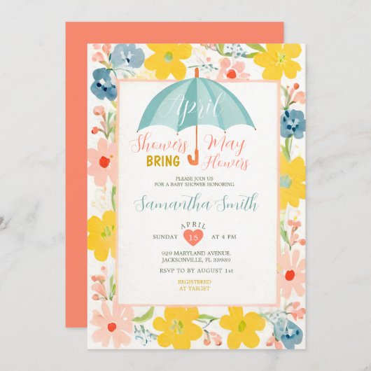 Mint paraplu april buien baby shower bloemen kaart (Voorkant / Achterkant)