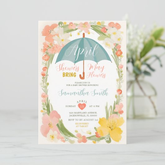 Mint paraplu april buien baby shower bloemen kaart (Staand voorkant)