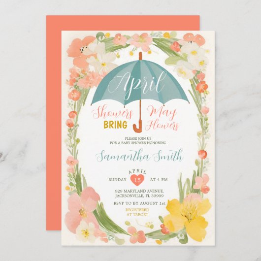 Mint paraplu april buien baby shower bloemen kaart (Voorkant / Achterkant)