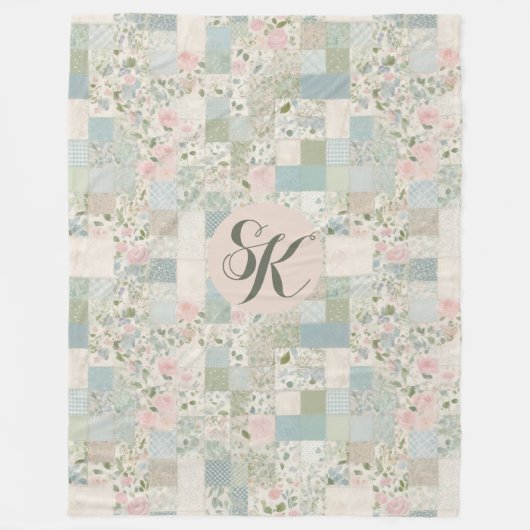 Mint patchwork monogram fleece deken (Voorkant)